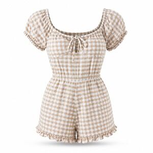 Derek Heart Womens Romper M Tan Gingham Cottagecore Picnic Ruffle Tie Front Boho